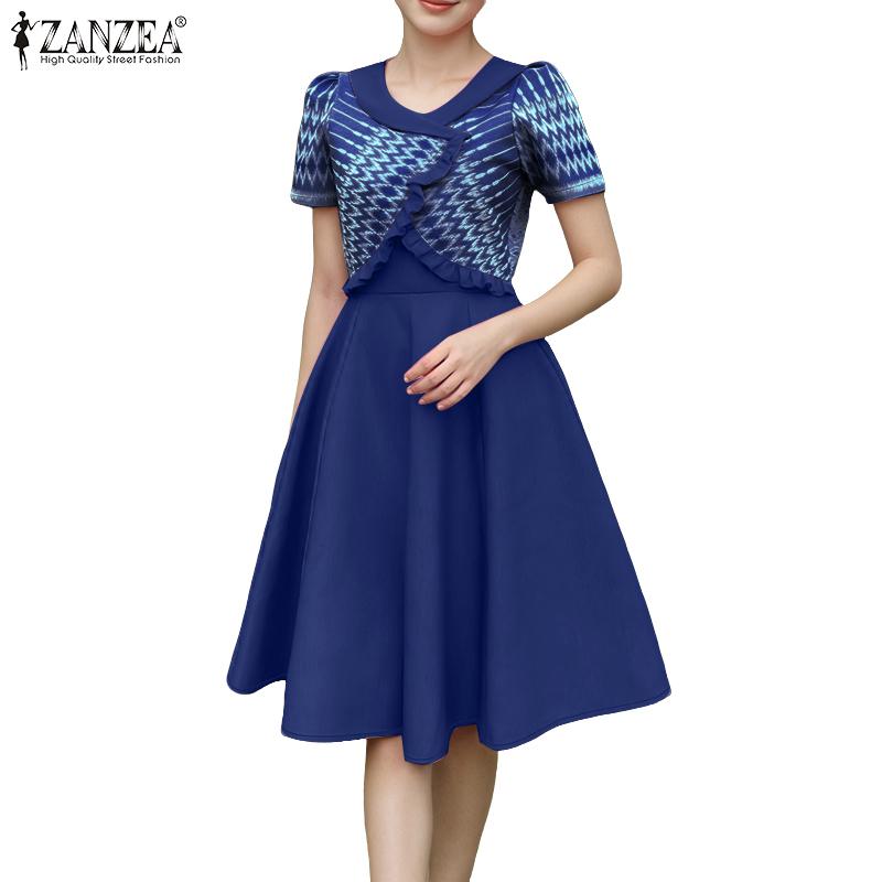 ZANZEA Women Casual V-Neck Summer Short Sleeve Print Dress