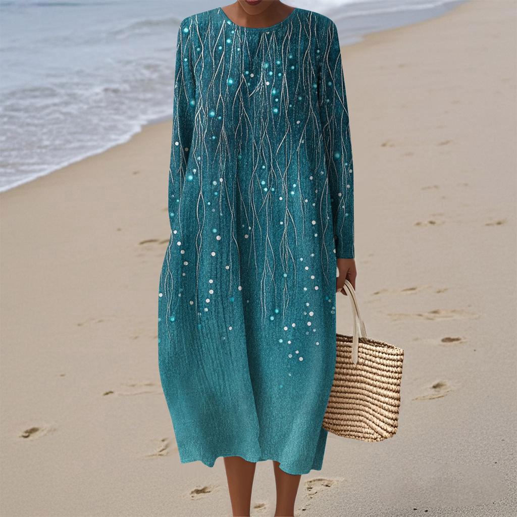 Women's Fashionable Casual Long-Sleeved Round Neck Floral Print Zipper Dress