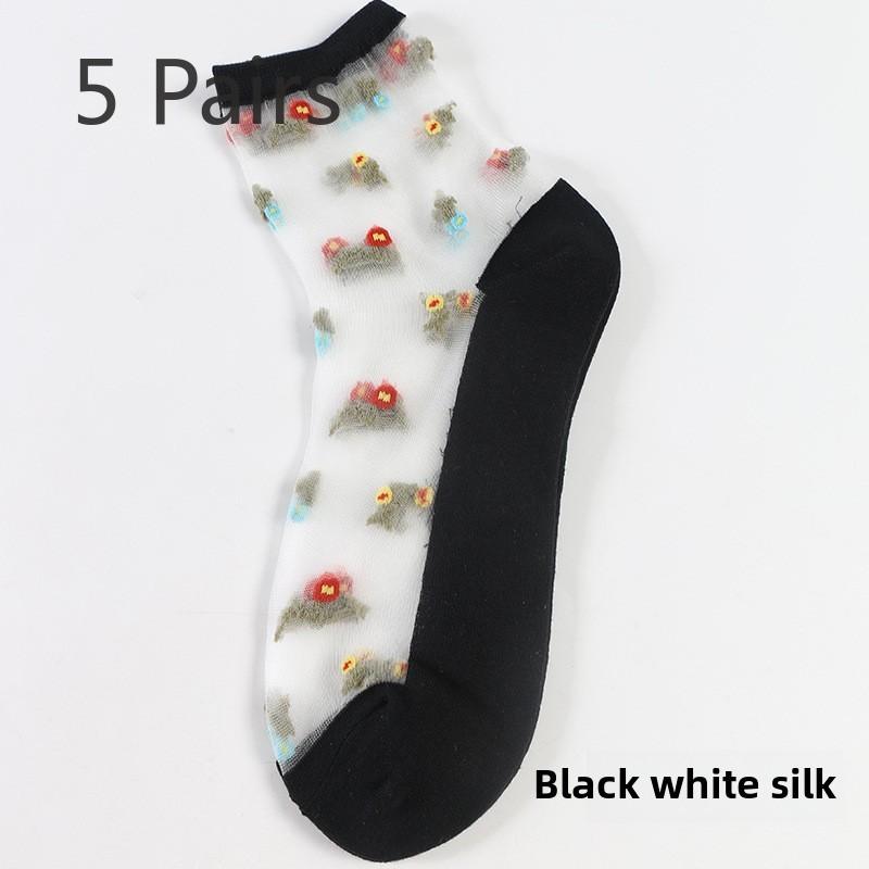 

5 пар весенних и летних чулок из хрустального стекла, шелковые, модные, дышащие, женские носки с защитой от зацепов 5 Pairs чёрный/белый