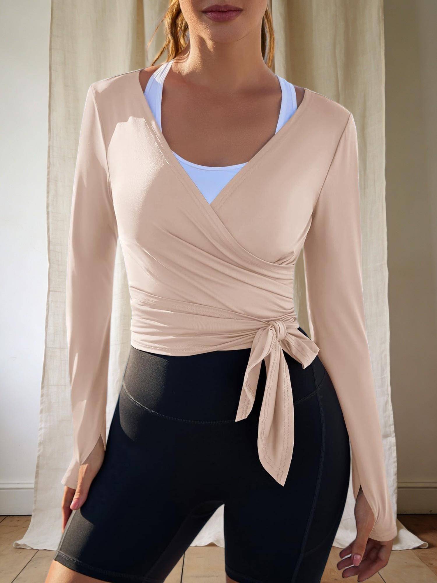 Dámský zavinovací crop top s dlouhým rukávem, lehká košile na balet a pilates L světle khaki barva