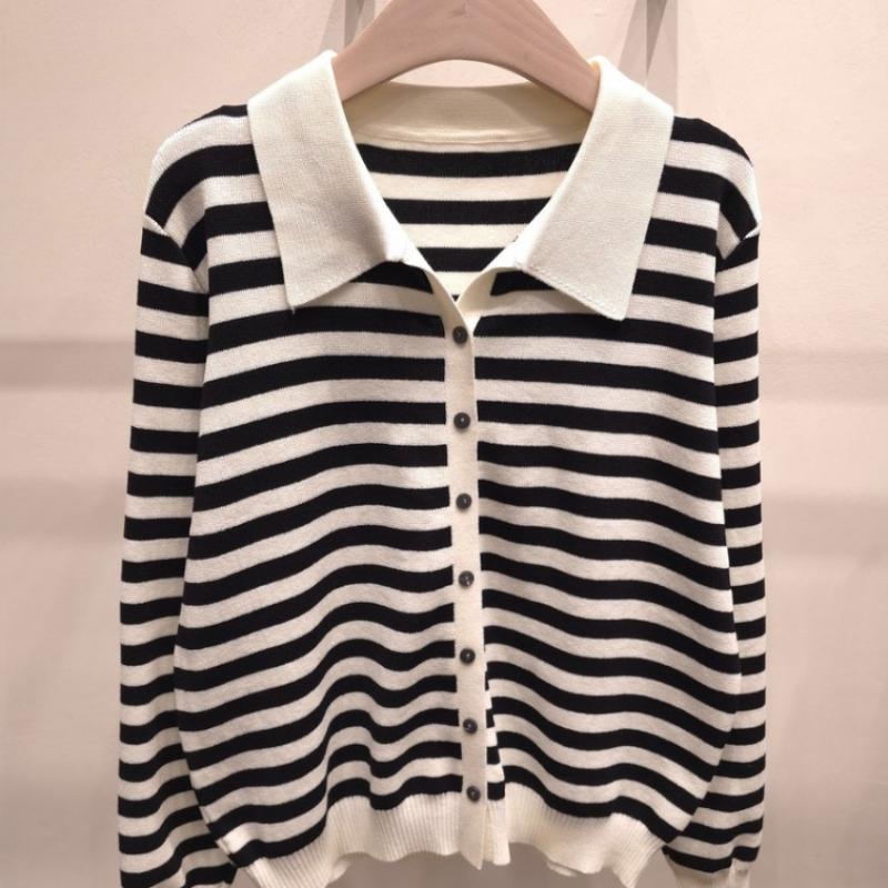 Shop Women S Daily Look Collared Striped Knit Cardigan Black 21dS Wcd260094