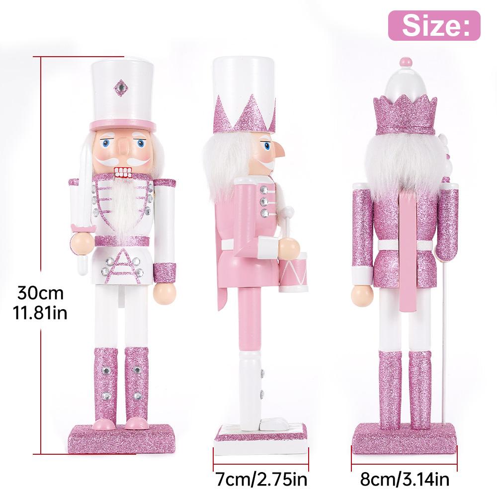 30CM Wooden Nutcracker Solider Figurine Puppet Pink Glitter Soldier Doll Toy Handcraft Ornament Christmas Home Office Decoration