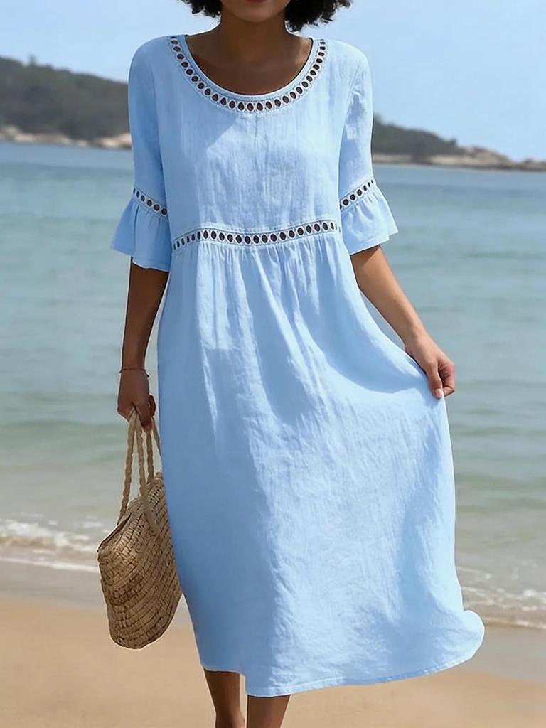 Damen Ausgeschnittenes Lässiges Lockeres Baumwoll-Leinen Sommerkleid