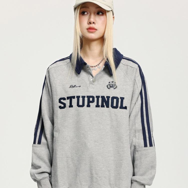 Amerikanisches Retro College Waffel Polo Kragen Sweatshirt Damen Locker Lässig Paarkleidung Gestreiftes Raglanärmel Oberteil