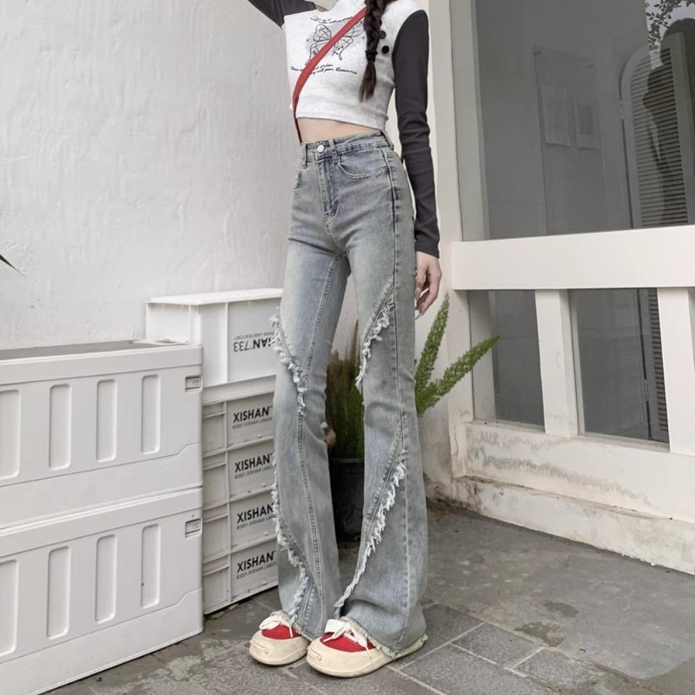 Street tassel rough edge splicing high waist micro pull jeans spring and autumn new slim flared horseshoe jeans