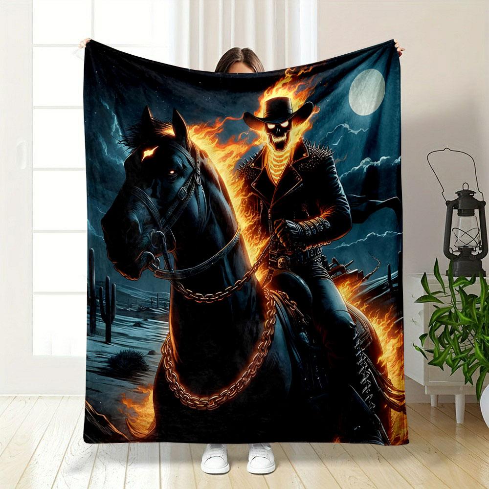 "Fiery Skeleton Rider in Desert Night" Patterned blanket, flannel, suitable for all seasons, home decor, warm and cozy