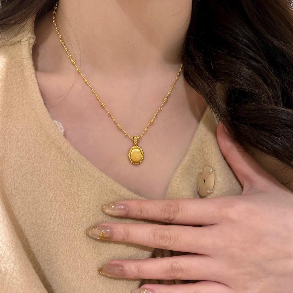 Foydjew Italian Medieval Retro Oval Design Gold Color Pendant Necklaces Stud Earrings Party Banquet Zircon Sets For Women