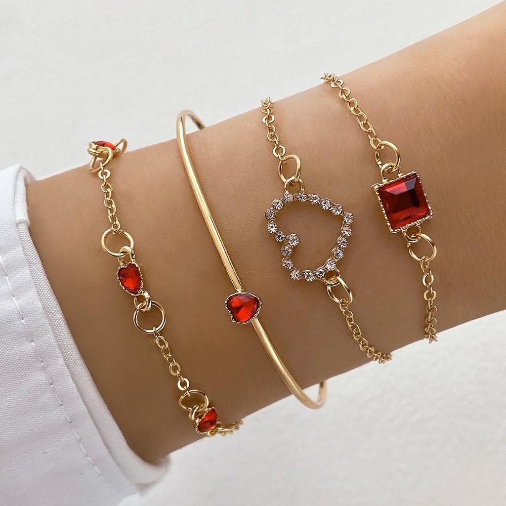 

4 Pcs/Set Stackable Zinc Zinc Alloy U-Bangle Set Elegant Cubic Zircon Bracelet Heart Bracelet Daily Jewelry красный