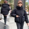 Women's Hooded Short Puffer Jacket Flap Pockets Drawstring Hem Zip Up Solid Color Loose Fit Winter Coat