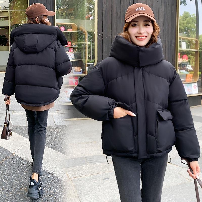 Women's Hooded Short Puffer Jacket Flap Pockets Drawstring Hem Zip Up Solid Color Loose Fit Winter Coat