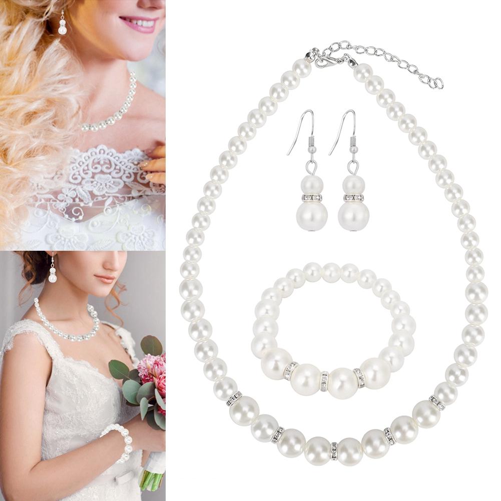 Fauxperlen Hochzeit Halskette Ohrring Armband Sets Brautschmuck Set für Frauen Party Geschenk