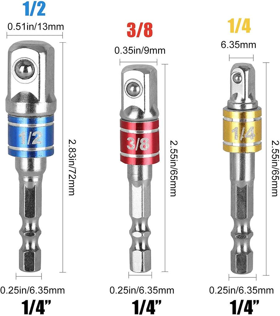 3pcs 1/4" 3/8" 1/2" Socket Adapter Set Nut Drive Drill Ratchet Extension Cordless Impact Wrench Hex Shank Bit Square Set Cordles