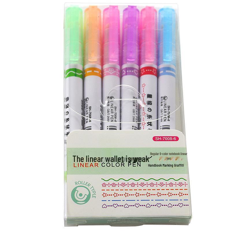 Creative 6-Color Wave Pattern Highlighter Journal Pens - DIY Outline and Curve Markers for Students