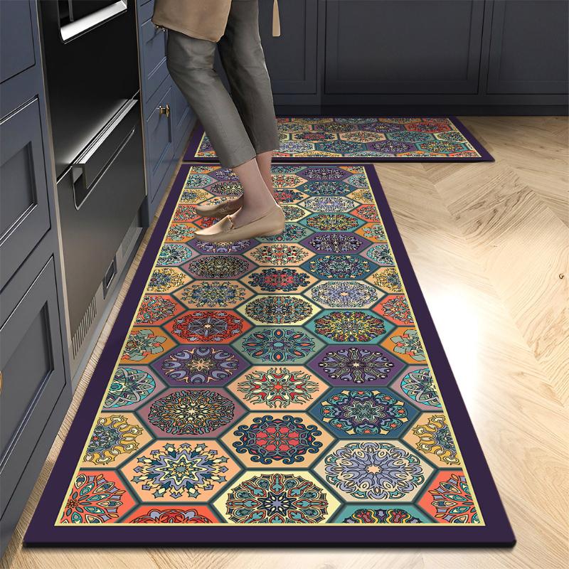 Boho Kitchen Rugs Set Memory Foam Colorful Ceramic Comfort Tile Floor Mat Anti Fatigue Non-Skid Runner Rug Water & Oil Proof Carpet Laundry Sink