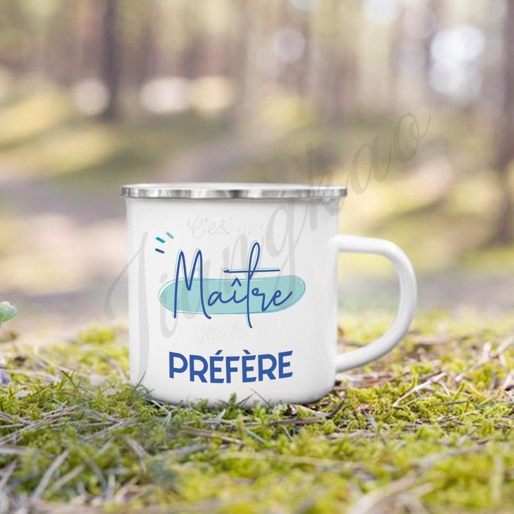 Super Maitre French Printed Mugs Creative Coffee Cups Drinks Water Enamel Camping Cup School Handle Drinkware Gifts for Teacher