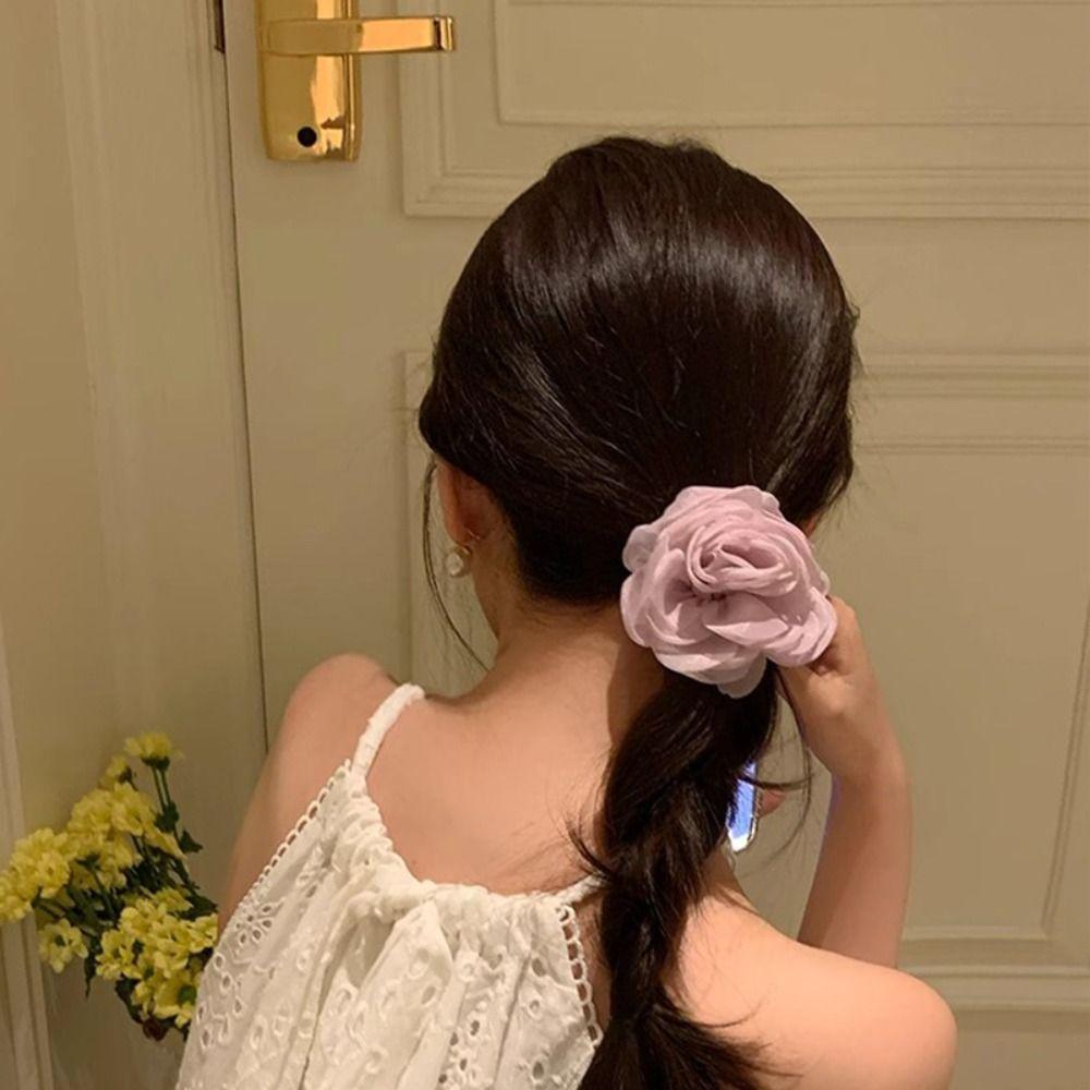 Ponytail Holder Rose Hair Rope Hair Tie Elastic Hair Band Cute Mesh Flower Hair Band Female