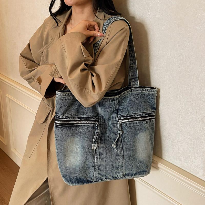 Vintage Denim Toteväska Ficka Pendlarväska