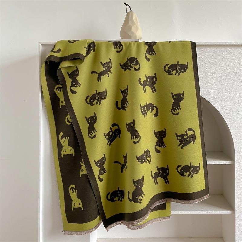 Double-sided jacquard thermal air conditioner shawl winter long imitation cashmere personalized fashion scarf female cat scarf