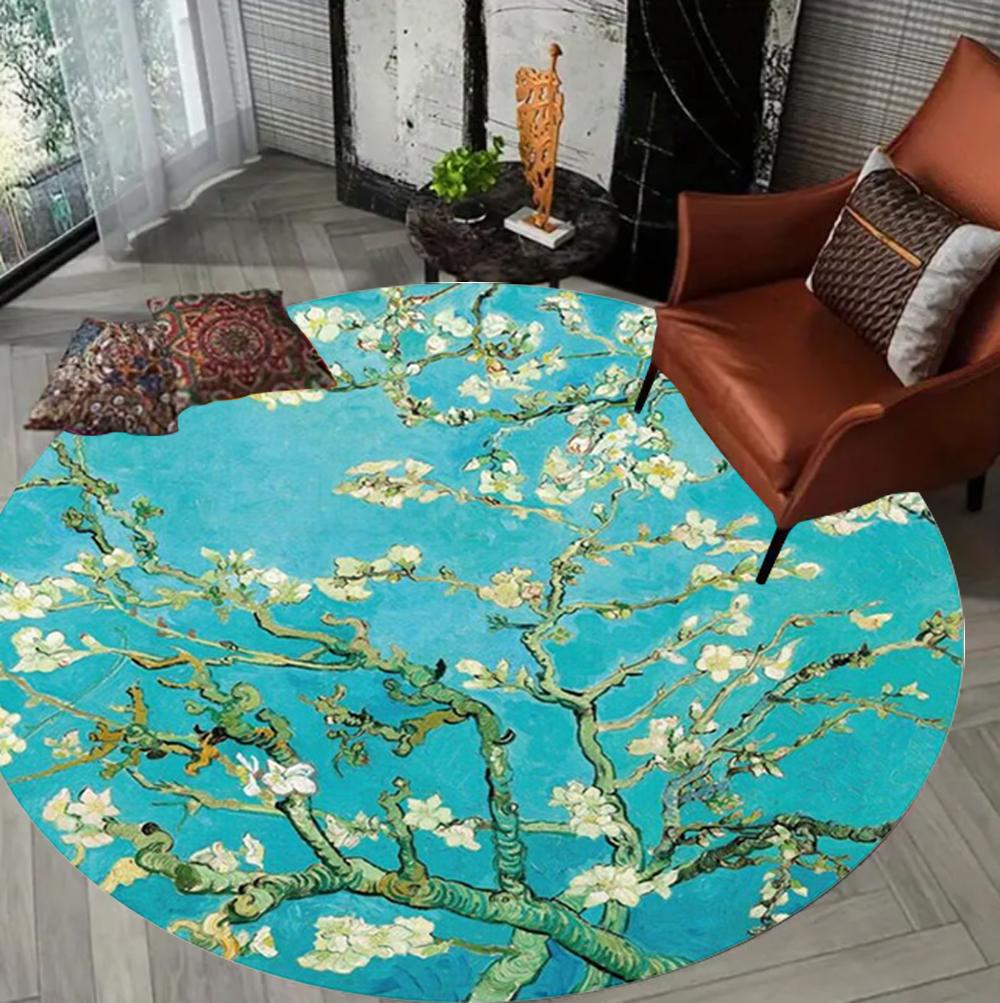 Vintage Floral Print Round Rug Classic Art Print Soft & Non-slip Home Art Decoration Light Luxury for Living Room Bedroom Boho