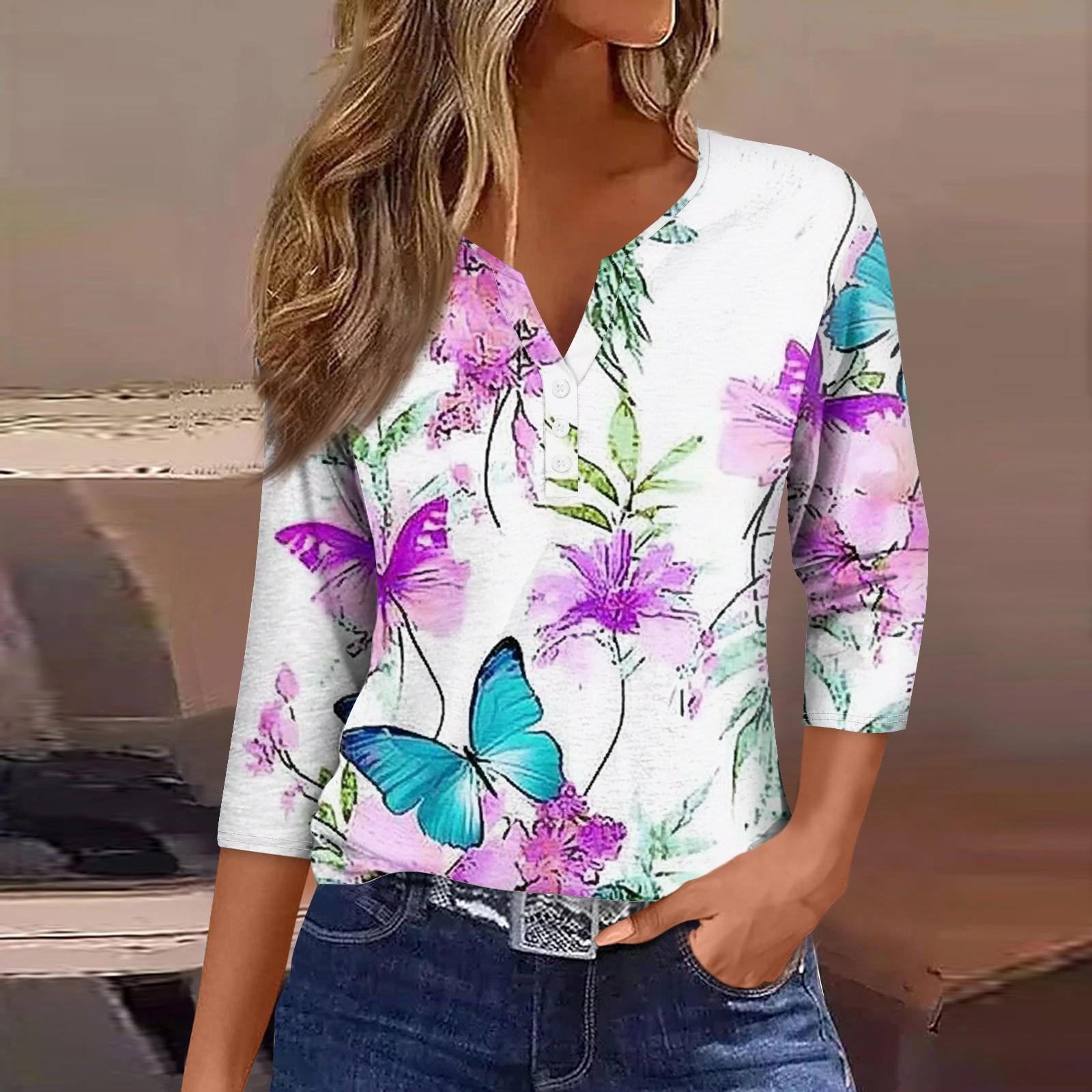 

Женская модная повседневная футболка с цветочным принтом, V-образным вырезом, коротким рукавом, декоративными пуговицами и рукавом три четверти XL белый