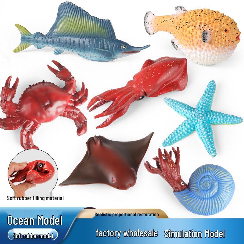 Kids' Cognitive Marine Animal Toys: Soft Rubber Models - Pufferfish, Starfish, Crab, Nautilus, Sailfish, Manta Ray.