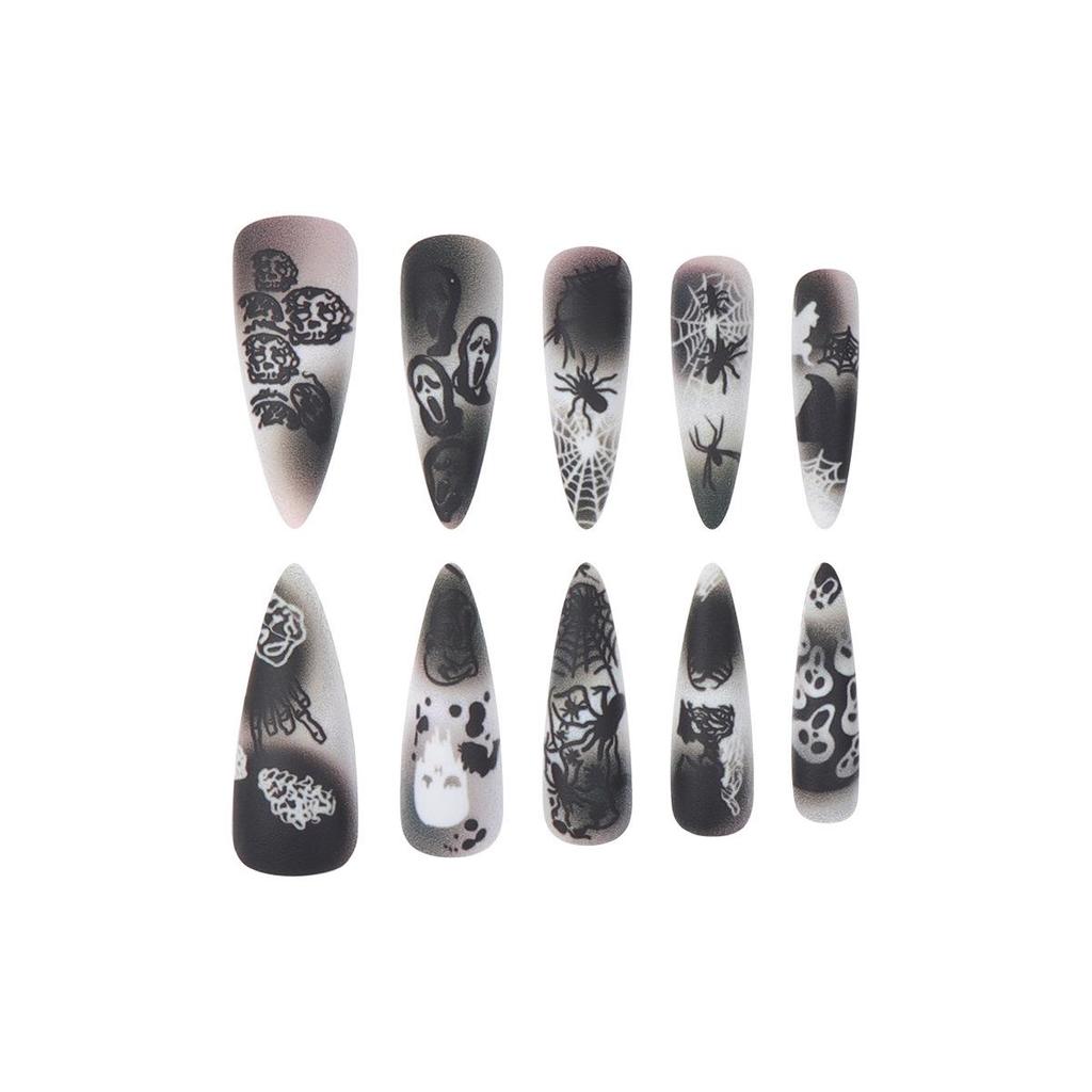 Halloween Ghost Face Matte Nails: 24-Piece Black & White Spider Web and Skull Stickers
