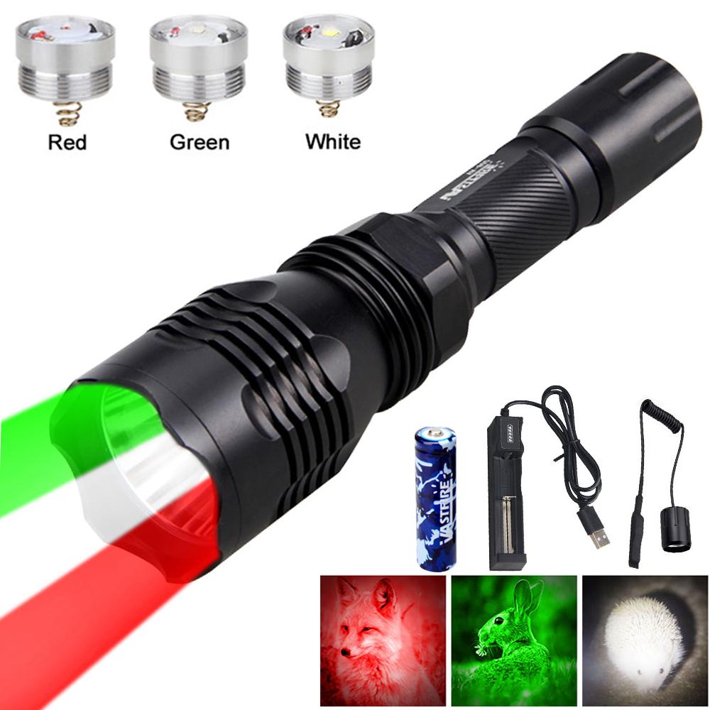 400 Yards Red&Green&White LED Hunting Flashlight Tactical Rifle Scope Mount Predator Torch for Coyote Hog Varmint Scout Light