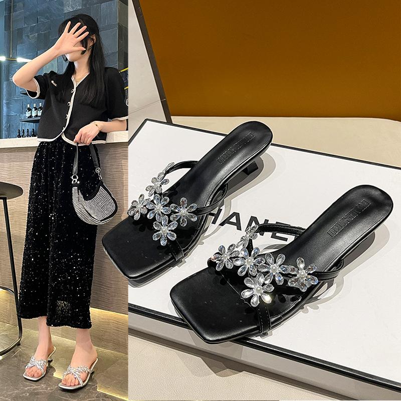 Summer New Style Silver High-heeled Shoes with Black Sandals and Slippers Luxury Rhinestones with Black Sandal for Women To Wear