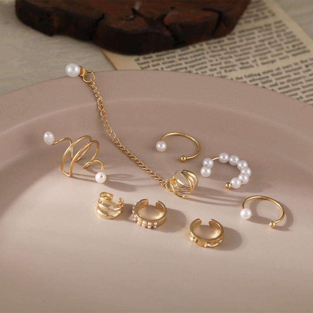 8pc Imitation Pearl Ear Clip Set Hip Hop Style Women's Earrings Non-piercing False Cartilage Ear Contour Fringe Chain Jewelry