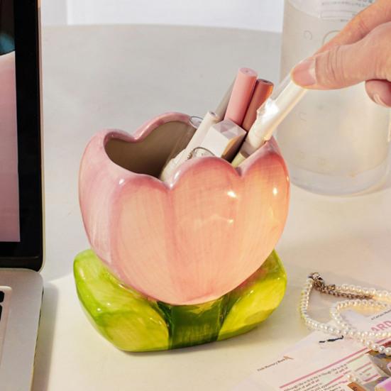 Ceramic Flower Pen Holder Cute Desk Office Storage Box Stationery Shelf Multifunctional Aesthetic Desktop Organizer for Makeup Tools Rulers Brushes