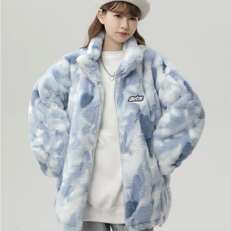 Winter New Trendy Brand Tie-dye Stand-up Collar Lamb Wool Jacket for Men and Women Street Casual Padded Couple Cotton-padded Clothes
