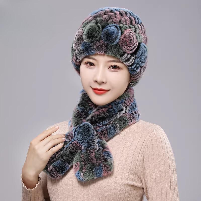New Rex Rabbit Hair Hat Women's Winter Outdoor Scarf Set Warm Ear Protection Middle-aged and Elderly Fur Fashion