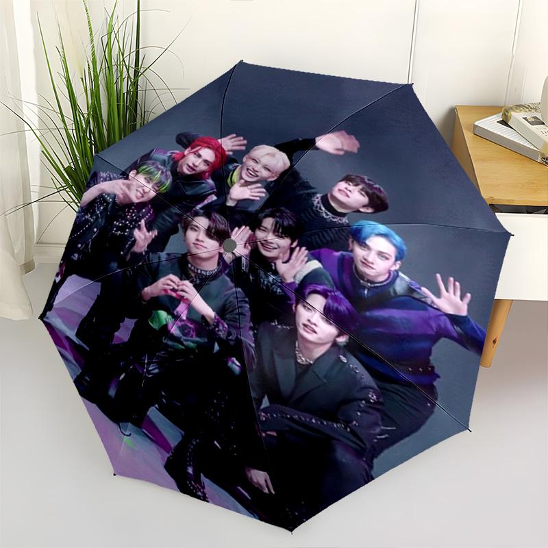 1pc Kpop Umbrella Portable Folding Umbrella Iron Frame Hole Bone Structure Outdoor Home Umbrella