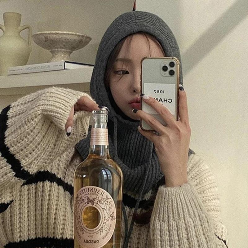 Knitted Hooded Caps Winter Balaclava Hats Women Korean Style Outdoor Warmer Drawstring Hats One-Piece Neck Collar Beanies Cap