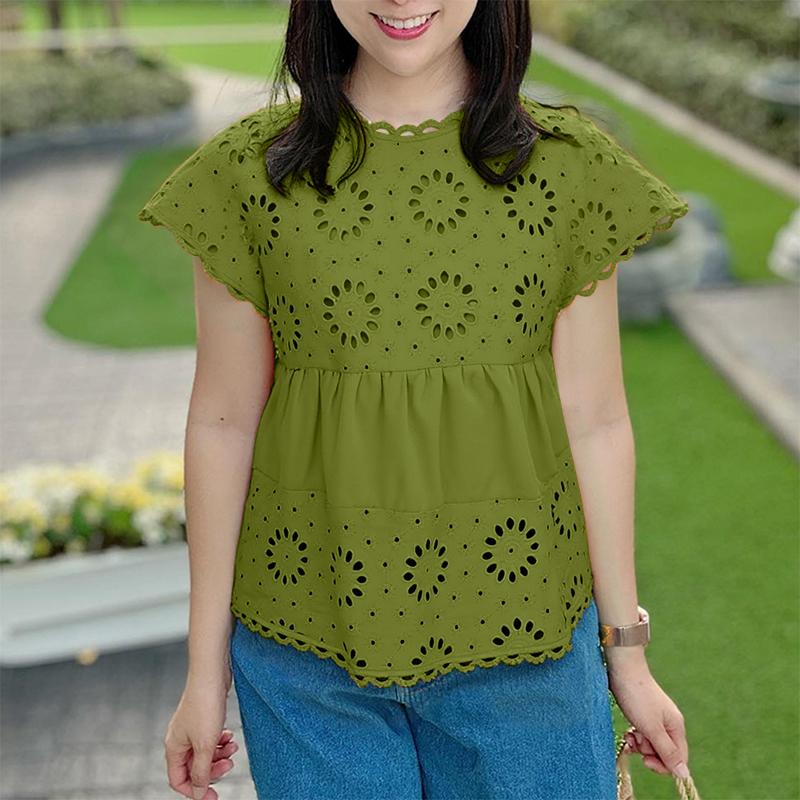 ZANZEA Women Summer Round Neck Short Sleeve Hollow Blouse