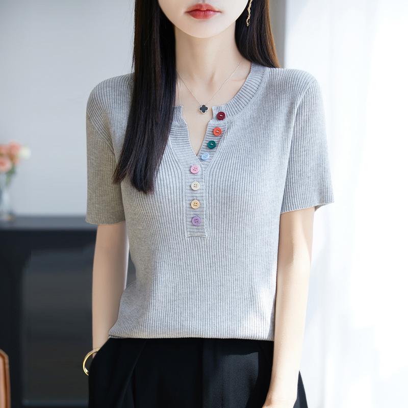 

Colorful Ice Thread Knitted Short-sleeved T-shirt, A New Summer Style That Is Slimming and Versatile, with A Crappy Base Layer Top M серый