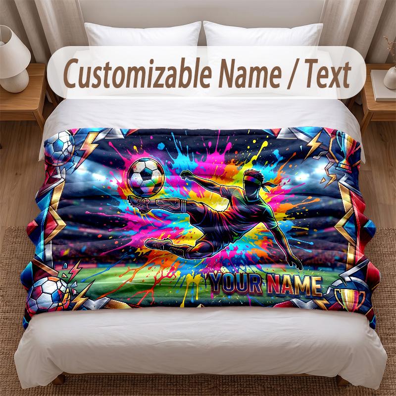 Soccer Theme Soft Blanket Personalized Custom Name Text Print Warm Blanket Home Sofa Bedroom Decor
