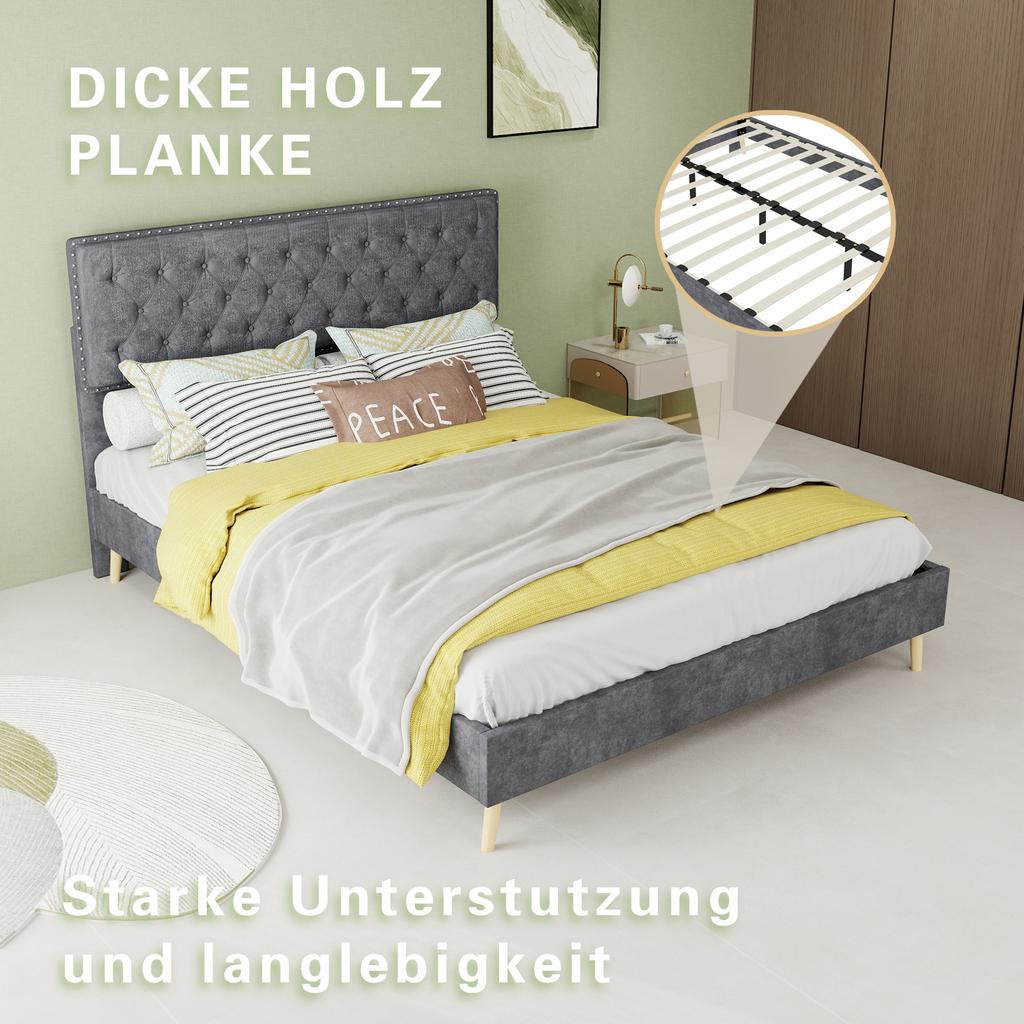 Modern minimalist soft bed, 140*200CM, grey, multifunctional bedroom furniture, low box bed frame without lifting rod, include140*200cm mattress.