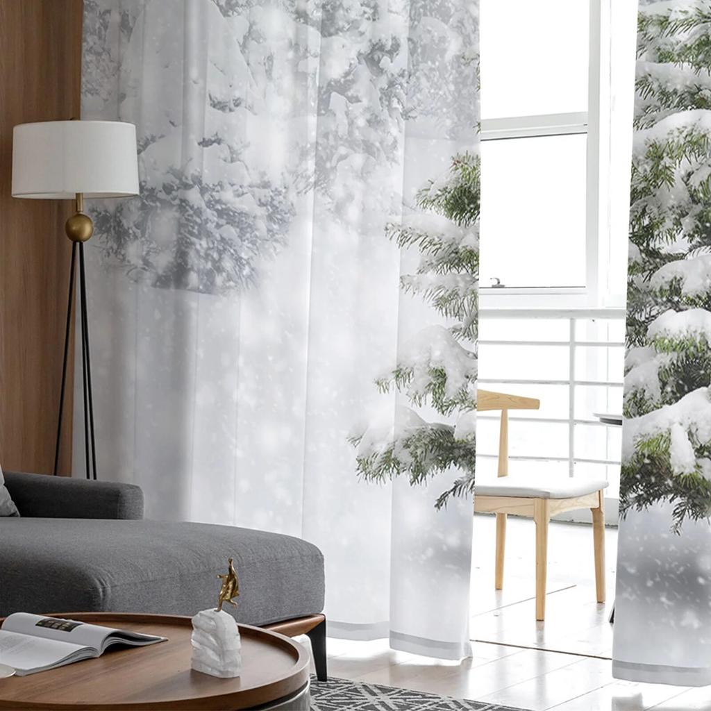 Christmas Tree Print Curtain Bedroom Living Room Cafe Xmas Snowflake Winter Semi Drape Voile Window Treatment Sheer For Sitting Made Of Polyester