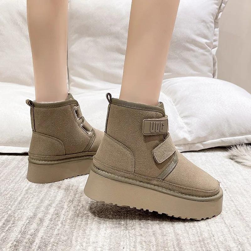 Mode 2024 Winter Outdoor Knöchel Schneestiefel Damen Plüsch Warme Schuhe Klassische Ultra Plattform Rindsvelours Pelzig Klettverschluss Flache Stiefeletten