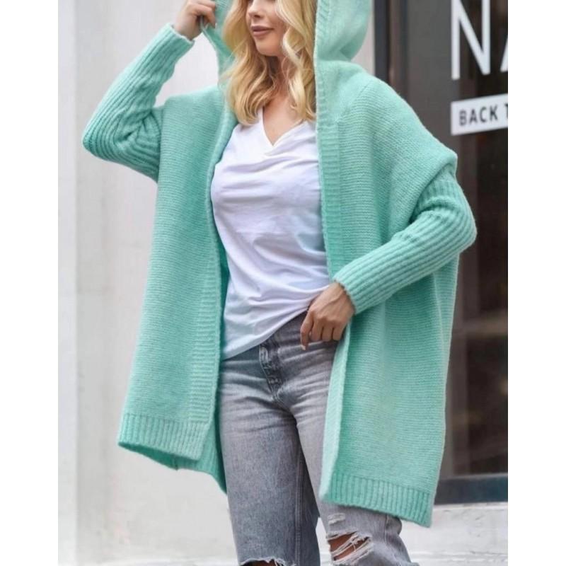Pull en tricot à capuche chauve-souris surdimensionné pour femme 2026 Mélange d'acrylique doux Chic décontracté Tenue de bureau Longueur moyenne Ouverture sur le devant