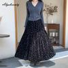 Koreanische Mode Herbst Winter Damen Samtrock Hohe Taille Blumendruck Schwarz Braun Midirock Vintage Elegant Feminin Rüschenrock
