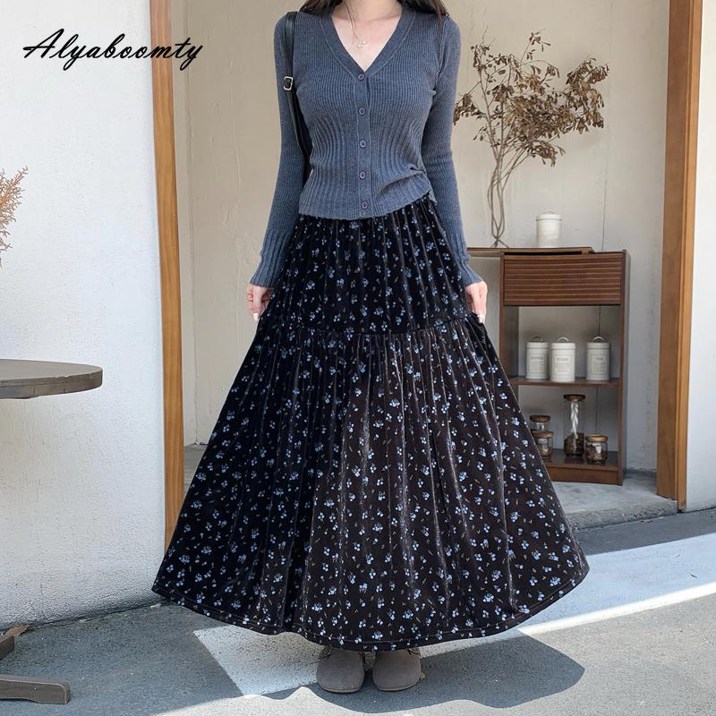 Koreanische Mode Herbst Winter Damen Samtrock Hohe Taille Blumendruck Schwarz Braun Midirock Vintage Elegant Feminin Rüschenrock