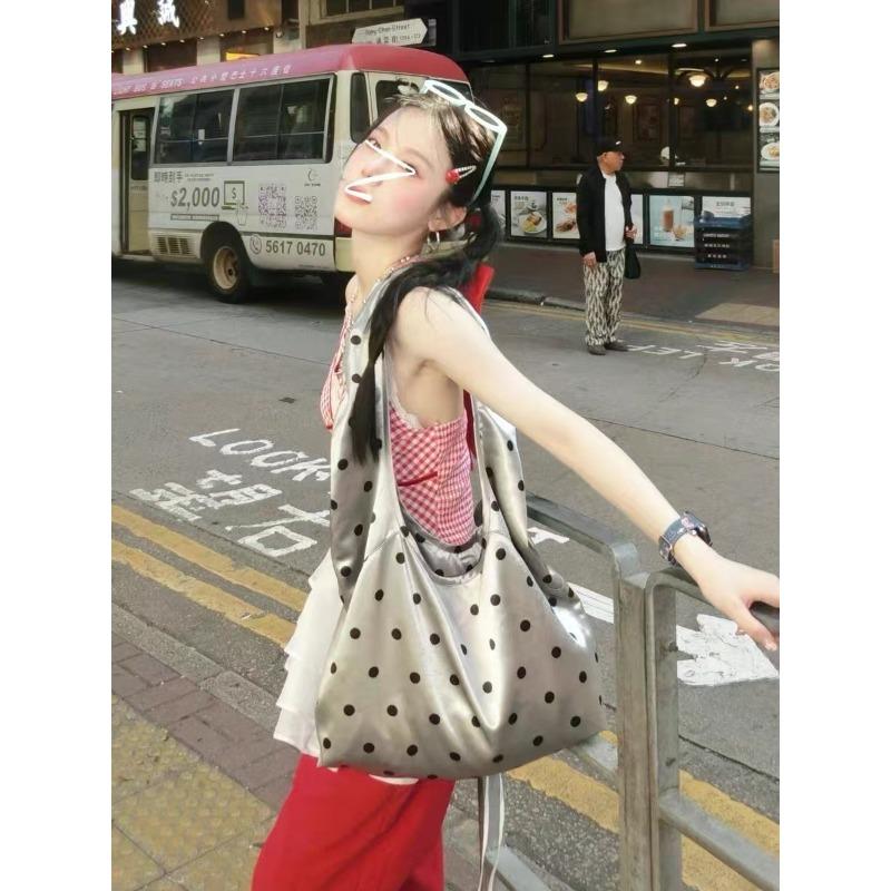 2 New niche design silver polka dot bag satin oval tote bag versatile commuter shoulder bag underarm bag