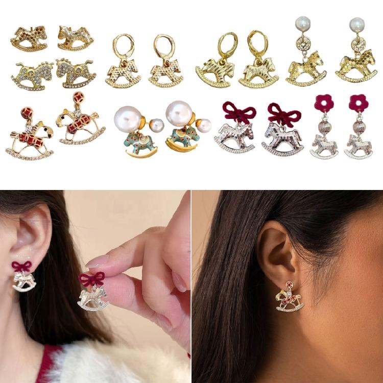 Unique Horse Theme Ear Studs Gold Finish and Stones Adorned for Parties Formal Event Elegant