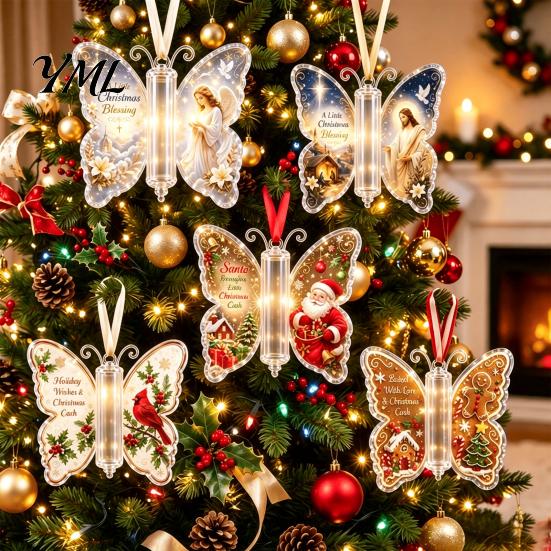 Acrylic Hanging Money Capsule Christmas Holder Ornament, Cash Decor with Vintage Tree Decoration Slot Butterfly Print, Holiday Party Supplies