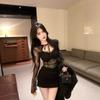 Autumn and winter new sexy Spice Girls low-cut elastic cotton mesh short hip-wrapped long-sleeved bottom tight dress women
