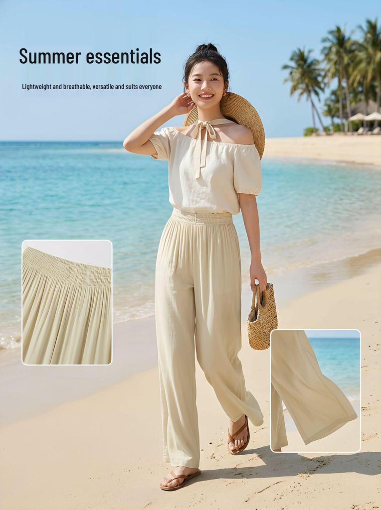 2026 Summer Women's Korean Style Ice Silk Wide-Leg Pants - High Elastic Drape, Leg-Lengthening, Casual Straight-Leg Design
