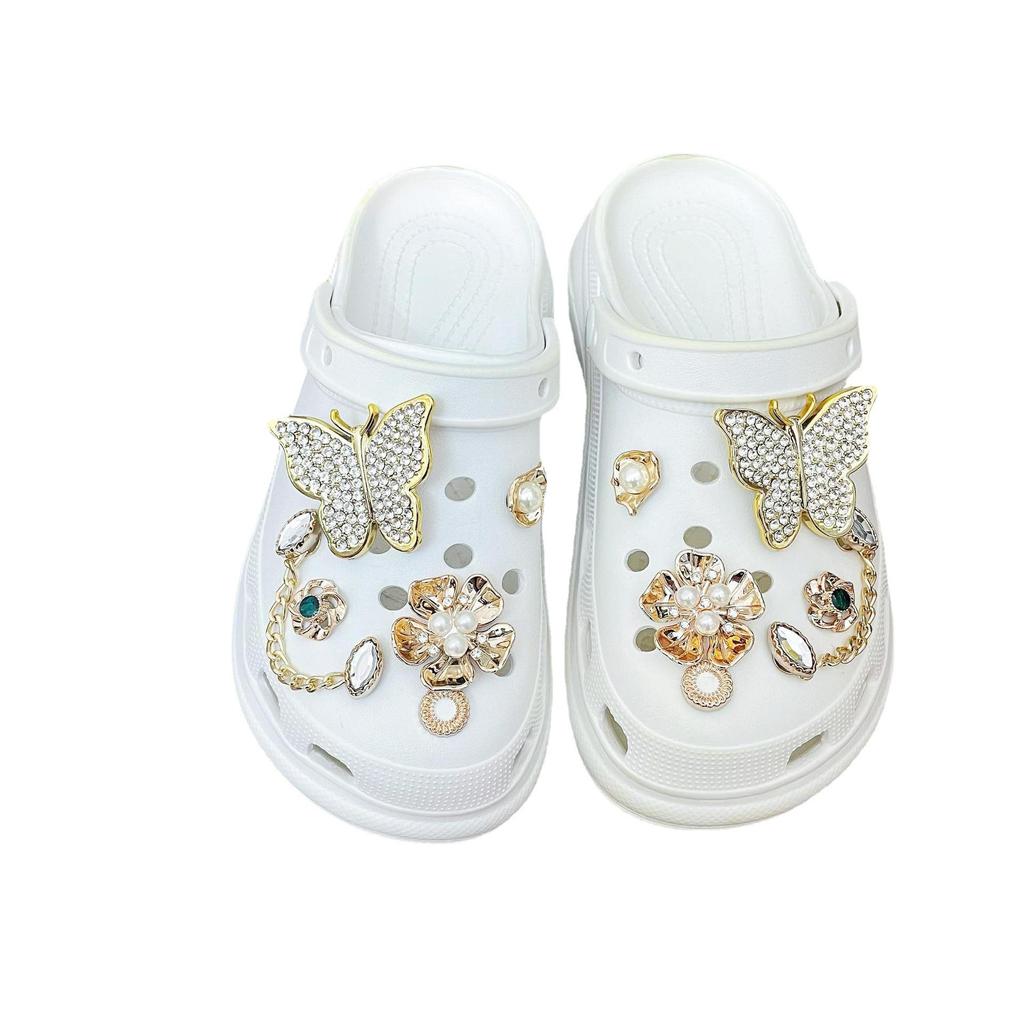 New Fit Hole Shoes DIY Accessories Shoe Flower Shoe Buckle Removable Golden Rhinestone Butterfly Flower Set