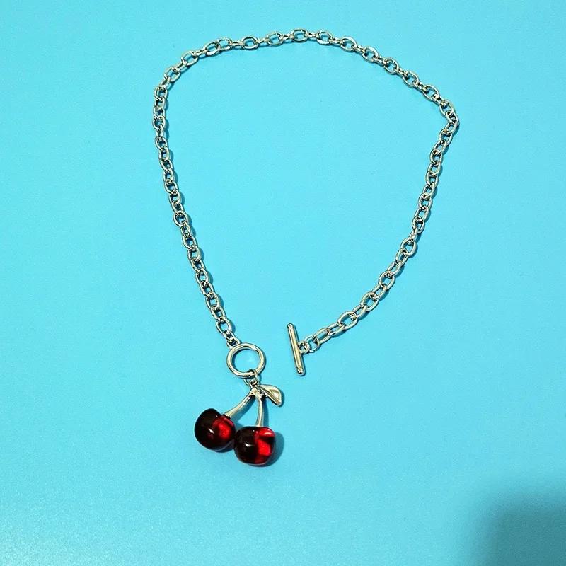 Punk Red Black Cherry Pendant Metal Clavicle Chain Choker Necklace Girls Birthday Party Jewelry Fashion Women Jewelry Accessory